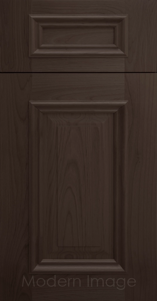 Heritage custom cabinets in a Cocoa Stain, classic raised panel doors, and modern flat slab drawer fronts.